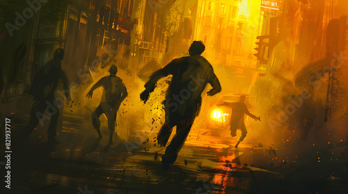 man running away from zombies in night city,illustration,digital painting