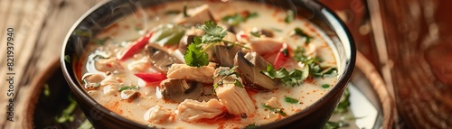 A closeup of a steaming bowl of Thai chicken soup with coconut milk tom kha gai, with fresh mushrooms and herbs, set against a wooden background photo