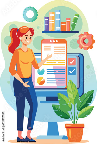 Female SEO specialist, flat illustration, vector illustration.