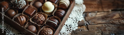 A closeup of an elegant Belgian praline box, with assorted chocolates displayed on a lace doily, set against a vintage wooden table