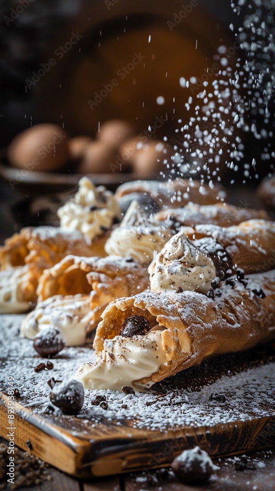 A closeup of an Italian cannoli tray, showcasing the creamy filling and powdered sugar, with a rustic kitchen background and fresh ingredients