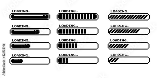 Pixel art 8-bit loading bar concept. Loading icons set.Load bar collection. loading icons on white background.