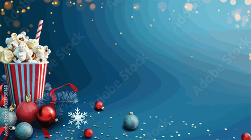Banner with popcorn soda drink and Christmas balls on