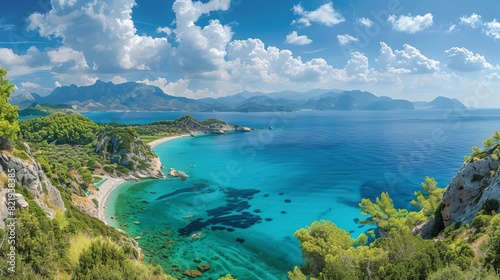 A picturesque view of the Mediterranean coastline with turquoise waters and white sandy beaches,