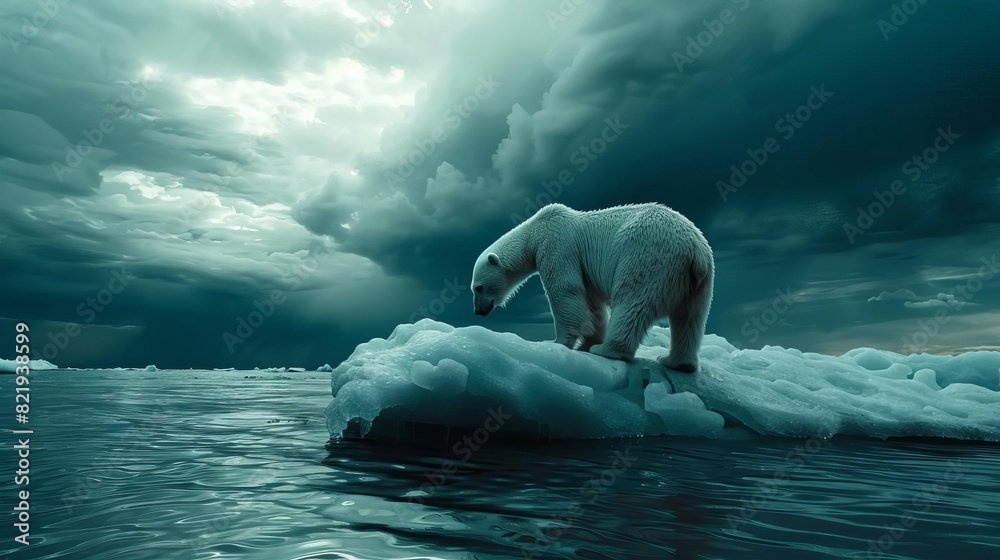 Naklejka premium A polar bear stranded on a shrinking ice floe in the Arctic,