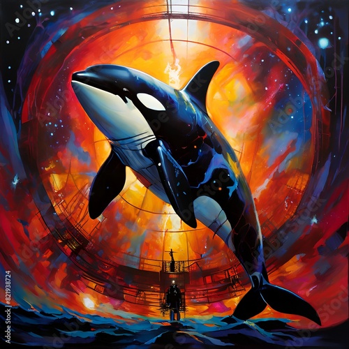 This Orca held alone in a too small cage is only there for human entertainment. Hungering and suffering when it did not do what it was told to but even on the verge of death it does not give up. photo