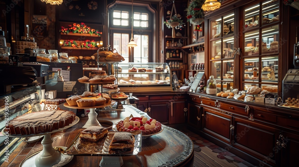 A cozy Austrian bakery with freshly baked strudels and sachertorte, set in a charming, oldworld interior