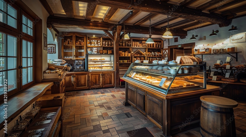 A cozy Austrian bakery with freshly baked strudels and sachertorte, set in a charming, oldworld interior