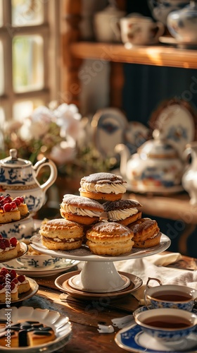 A cozy British bakery with a selection of scones, Victoria sponge cakes, and teapots, with a charming countryside decor