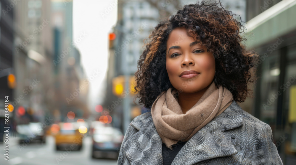 A plus size woman walks through the morning city among skyscrapers. Curly woman in a coat enjoys the weather outdoors. Walking concept. Active lifestyle. A plus size woman walks through the morning city among skyscrapers. Curly woman in a coat enjoys the weather outdoors. Walking concept. Active lifestyle.
