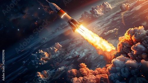 A rocket launching into space with flames and smoke trailing behind,