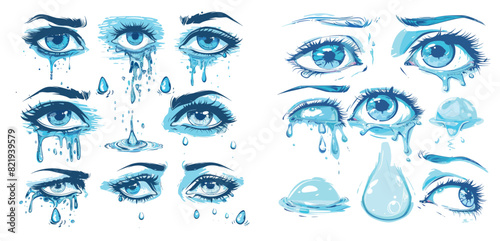 Cry, wet eyes, streams teardrop. Shedding, sobbing, grieving tear. Sad emotion. Water blue drops.