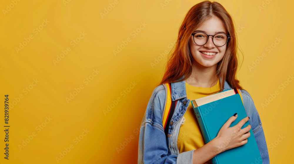 A young female student with a backpack and books in her hand posing on a yellow background. Happy girl having fun. Education concept. A young female student with a backpack and books in her hand posing on a yellow background. Happy girl having fun. Education concept.