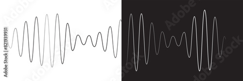 Waves of the equalizer. Vector illustration of music sound on isolated background. Drawing of radio signal painted by black inks. Sketch of musical soundtrack. Etching of voice record.