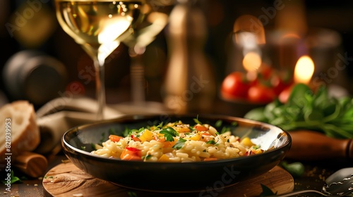 A delicious and healthy meal of scallops and risotto with a glass of white wine.
