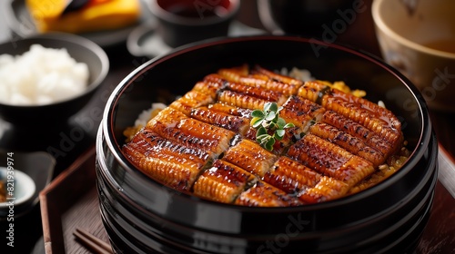 A delicious and authentic Japanese unagi donburi, made with fresh eel, fluffy rice, and a sweet and savory sauce. The perfect meal for a special occasion. photo