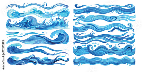 . Seamless blue horizontal marine curly brush. Decorative design of a stormy sea tide, river, liquid elements design.