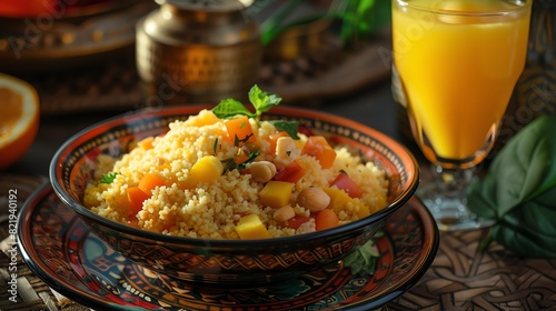 A delicious and healthy Moroccan couscous dish with vegetables and chickpeas, served with a refreshing glass of orange juice. Perfect for a light and flavorful meal. photo