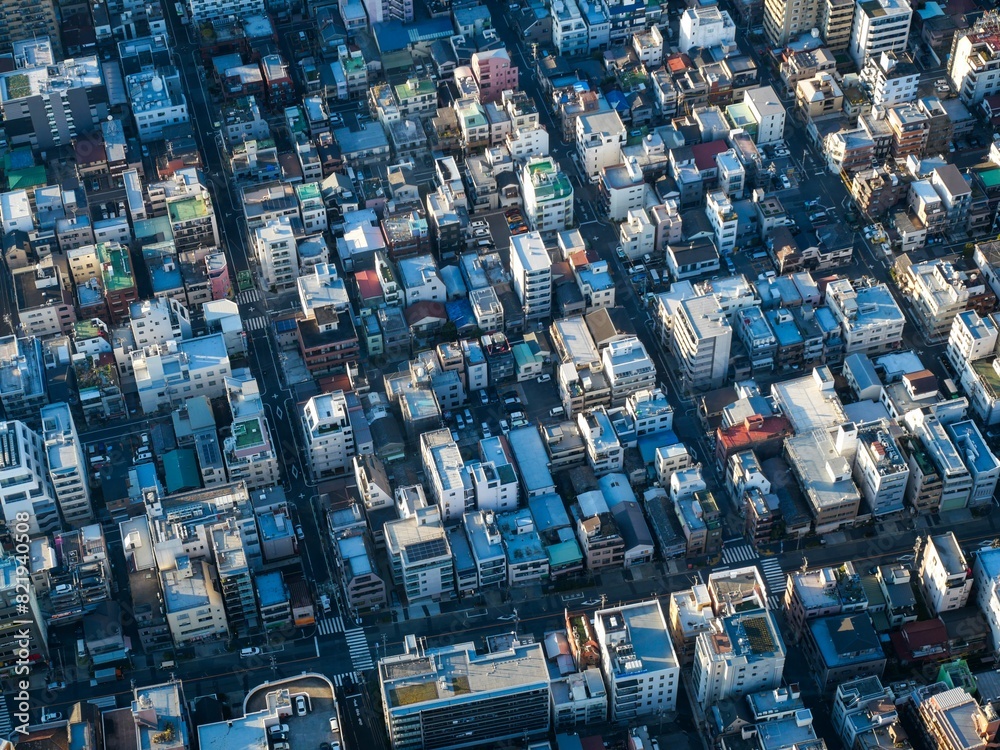 Obraz premium Aerial view of a bustling cityscape of Tokyo with a variety of multi-story buildings