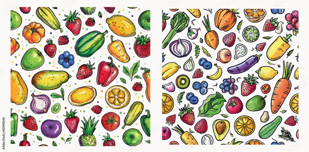 Fresh organic vegetables, sweet fruits and berries seamless modern background illustration set. Doodle grocery patterns.