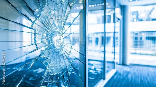 Close up view of shattered glass in office window   vandalism or accident concept © Ilja