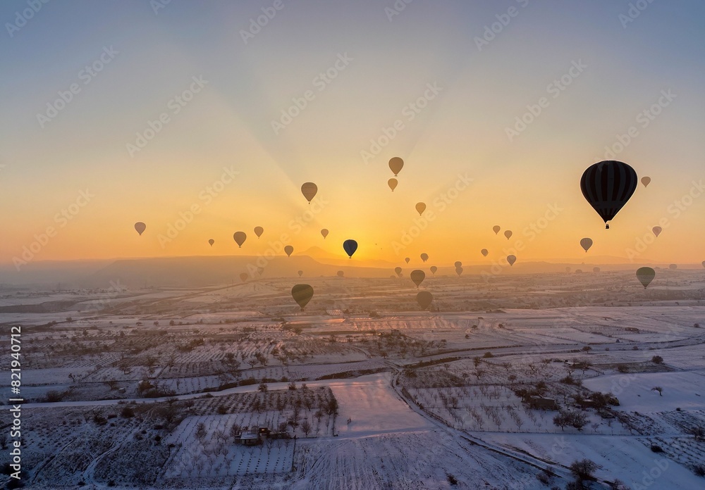 Breathtaking view of a winter landscape with a sky filled with colorful hot air balloons Breathtaking view of a winter landscape with a sky filled with colorful hot air balloons