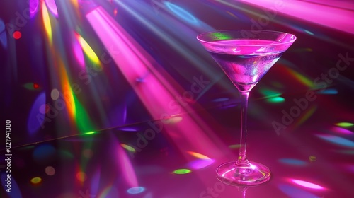 Vibrant Neon Lights Reflected in Martini Glass on Glossy Surface