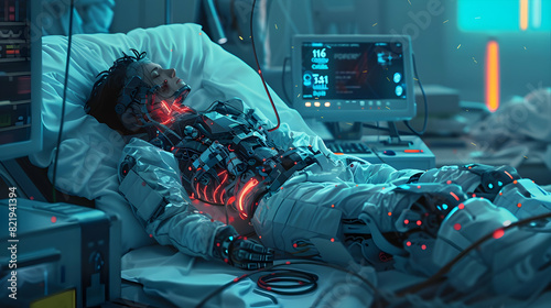 sci-fi concept showing a cyborg male recovering energy, digital art style, illustration painting photo