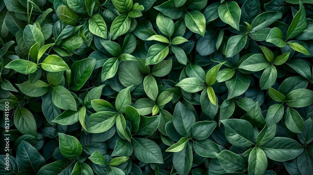 Close-up green leaves texture. Flat lay. Dark abstract nature background. Tropical leaves. Periwinkle vinca. Myrtle leaves, Vinca minor Close-up green leaves texture. Flat lay. Dark abstract nature background. Tropical leaves. Periwinkle vinca. Myrtle leaves, Vinca minor