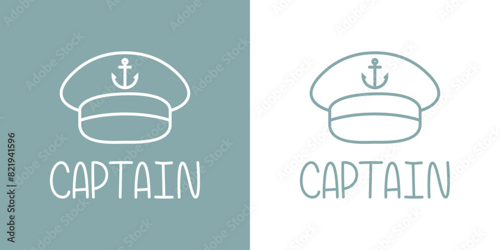 Logo Nautical. Palabra Captain con silueta de sombrero de capitán de barco con líneas Logo Nautical. Palabra Captain con silueta de sombrero de capitán de barco con líneas