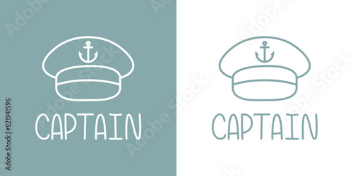 Logo Nautical. Palabra Captain con silueta de sombrero de capitán de barco con líneas 