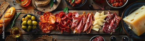 A highangle shot of a beautifully arranged Spanish tapas platter, featuring various cured meats, cheeses, and olives on a rustic wooden table photo