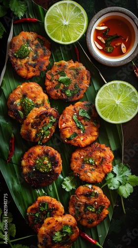 A highangle shot of a beautifully arranged platter of Thai spring rolls with dipping sauces  set on a banana leaf with fresh herbs