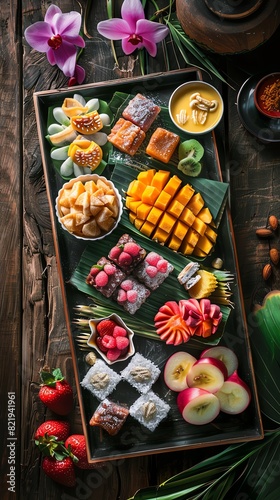 A highangle shot of a colorful Thai dessert platter, featuring various sweets and tropical fruits, set on a traditional wooden table