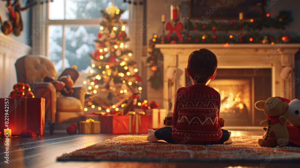 A child is seated on the floor facing a decorated Christmas tree, surrounded by festive ornaments and twinkling lights A child is seated on the floor facing a decorated Christmas tree, surrounded by festive ornaments and twinkling lights