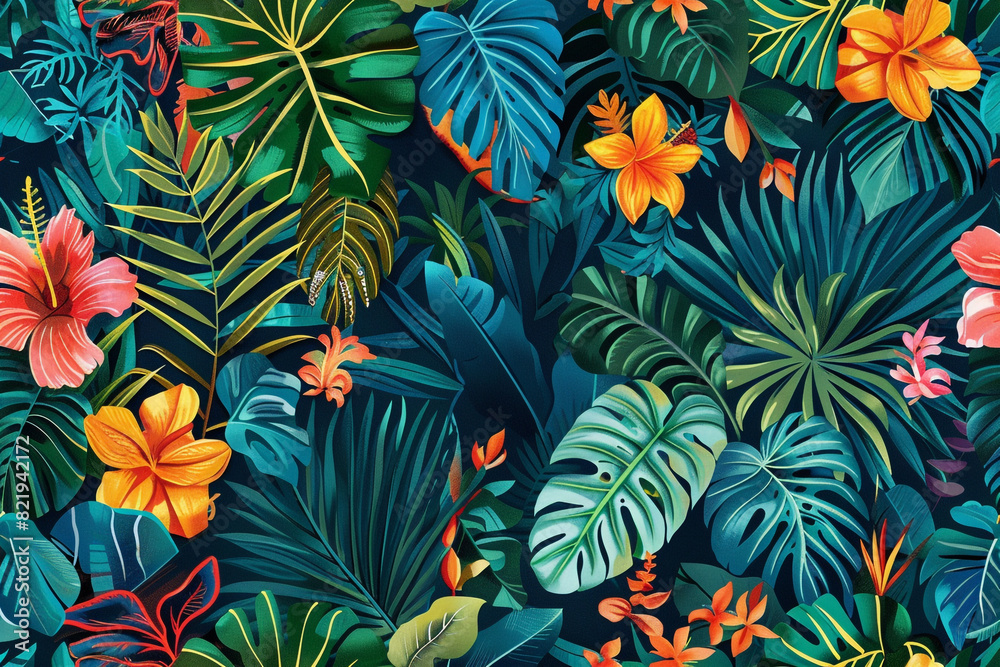 tropical pattern with jungle vegetation and exotic fauna in bright colors 