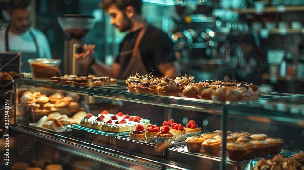 A highangle shot of a French patisserie display case, filled with an array of delicate pastries and tarts, with a barista in the background preparing coffee