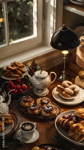 A highangle shot of a festive Swedish fika table  with assorted pastries and a pot of coffee  set in a cozy  welllit kitchen