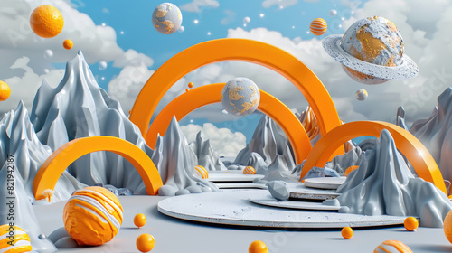 A futuristic scene featuring orange and white objects in a unique landscape