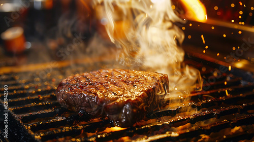 Grilled beef steaks on a grill with a flame.