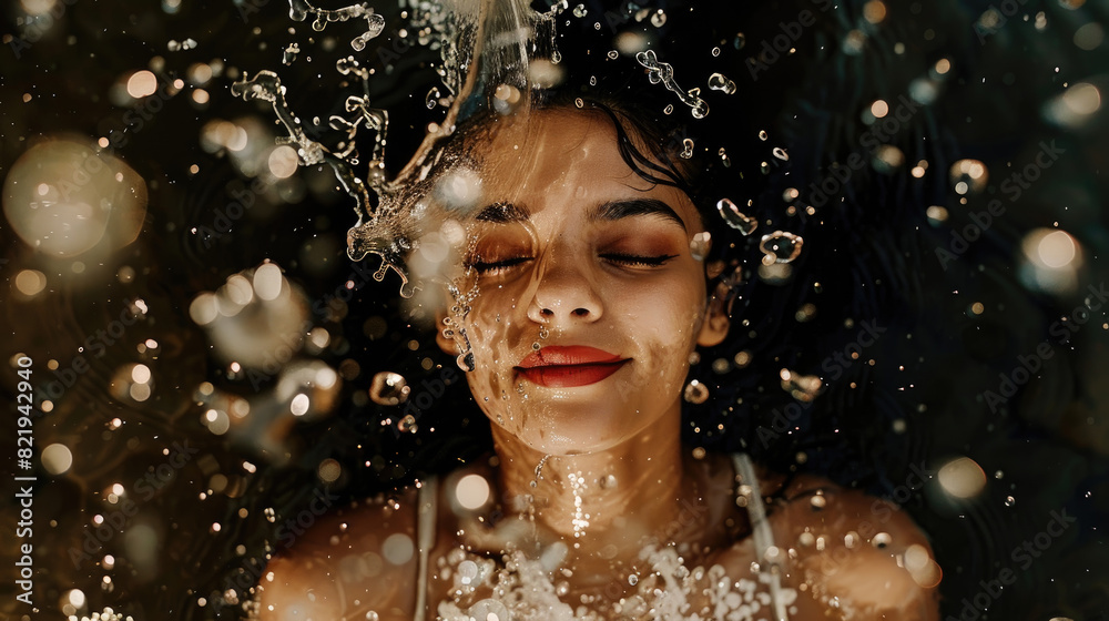 Obraz premium A woman with her eyes closed stands under a shower of water
