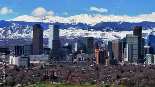 Spring Downtown Denver Colorado City Park Mount Blue Sky Evans Aerial drone USA Front Range Rocky Mountains toothills skyscrapers landscape Ferril Lake daytime sunny clouds neighborhood upward jib photo