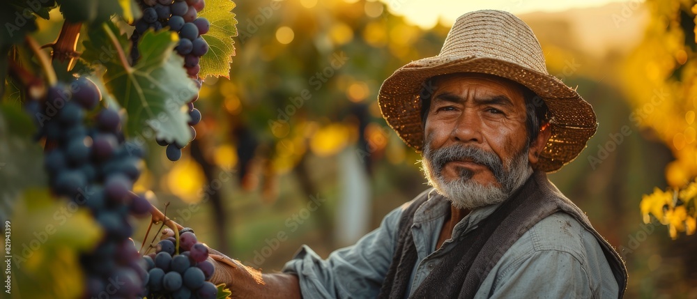 Elderly farmer harvesting ripe grapes in vineyard during sunset, wearing straw hat and work clothes. Elderly farmer harvesting ripe grapes in vineyard during sunset, wearing straw hat and work clothes.