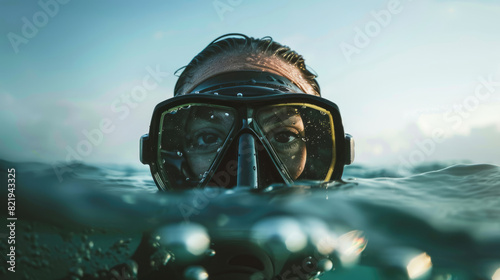 Female scuba diver underwater. Woman in scuba diving mask in water photo