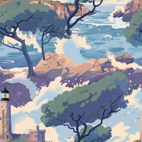 Coastal Vista with Lighthouse and Flying Seagulls Illustration