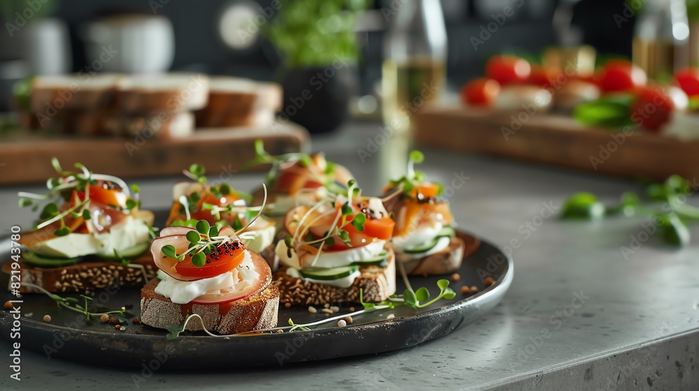A modern Scandinavian kitchen with a minimalist aesthetic, showcasing a platter of assorted openfaced sandwiches with fresh ingredients A modern Scandinavian kitchen with a minimalist aesthetic, showcasing a platter of assorted openfaced sandwiches with fresh ingredients