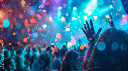 Many hands raised at an open air concert. People having fun on the dance floor in neon color. Fun, party concept. photo
