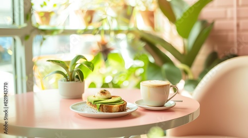 A modern Australian cafe table with a flat white and a plate of avocado toast  set against a bright  airy interior with plants