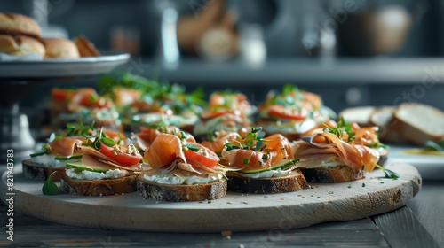 A modern Scandinavian kitchen with a minimalist aesthetic, showcasing a platter of assorted openfaced sandwiches with fresh ingredients