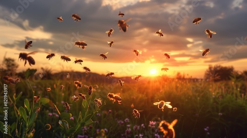 A tranquil summer sunset lights a beekeeping field with buzzing bees dancing among vibrant blossoms. photo
